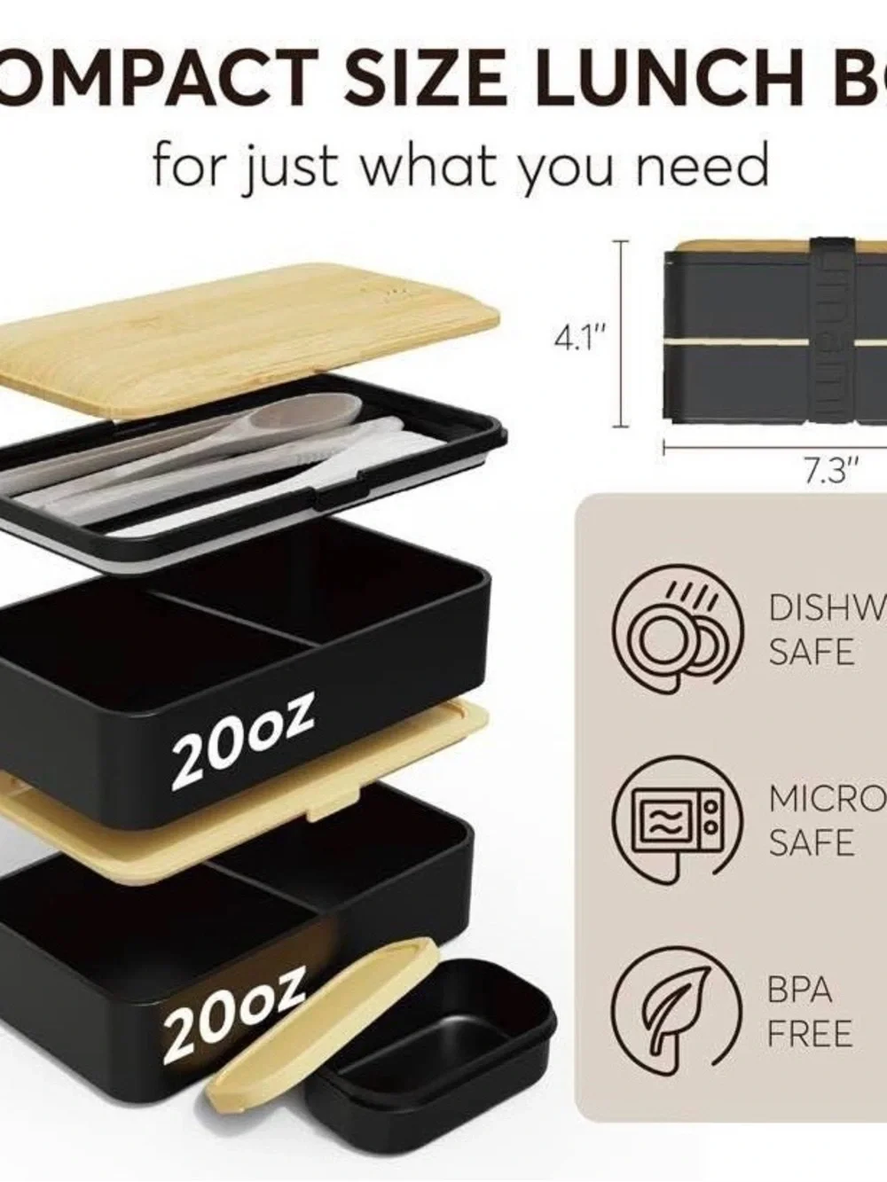 NEW - Bento Box Adult All-In-1 w/4 Utensils, Big Sauce Jar, 2 Dividers